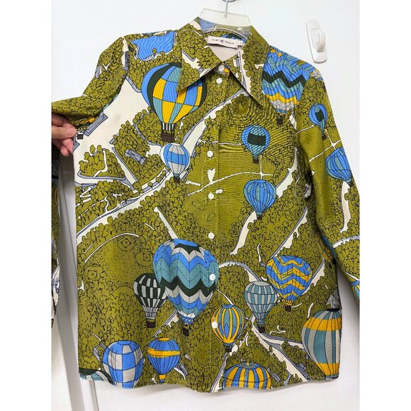 Tory Burch Hot Air Balloons in the Sky Field Print Silk Shirt Top Green Trees 4 - Picture 5 of 14